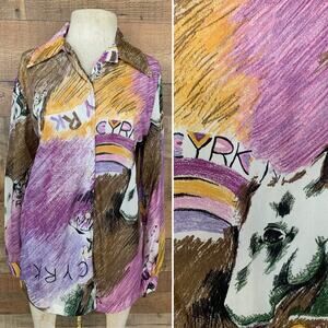 Vintage 1960’s 1970’s Silky Nylon Abstract Horse Button Shirt Size M Hippie Boho